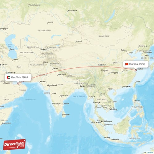Shanghai - Abu Dhabi direct flight map