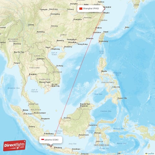 Shanghai - Jakarta direct flight map