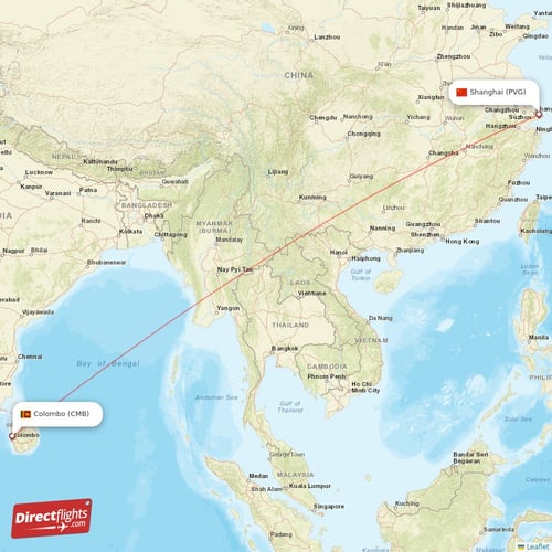 Shanghai - Colombo direct flight map