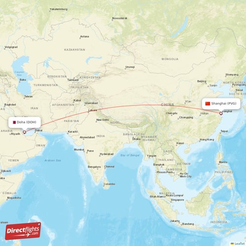 Shanghai - Doha direct flight map
