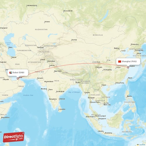 Shanghai - Dubai direct flight map