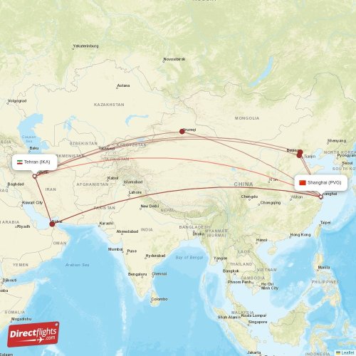 Shanghai - Tehran direct flight map