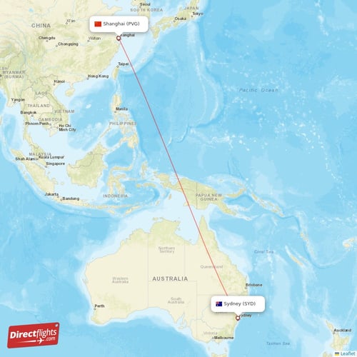 Shanghai - Sydney direct flight map