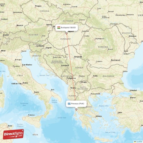 Preveza - Budapest direct flight map