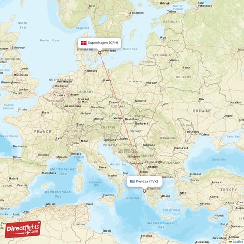 Preveza - Copenhagen direct flight map