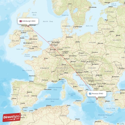Preveza - Edinburgh direct flight map