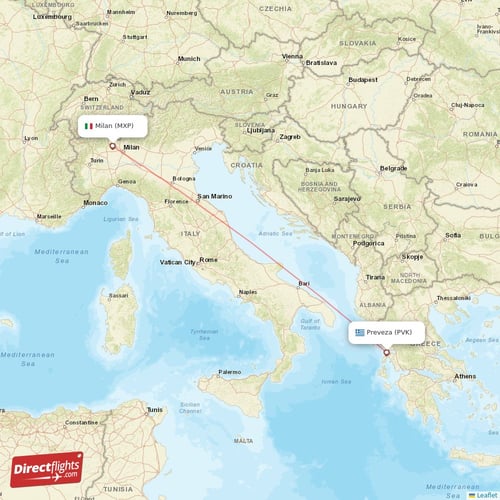 Preveza - Milan direct flight map