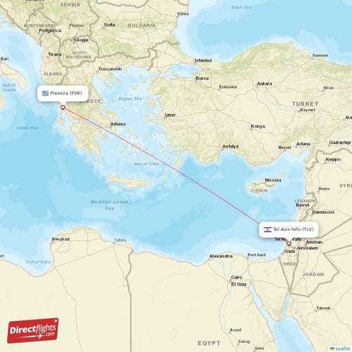 Preveza - Tel Aviv-Yafo direct flight map