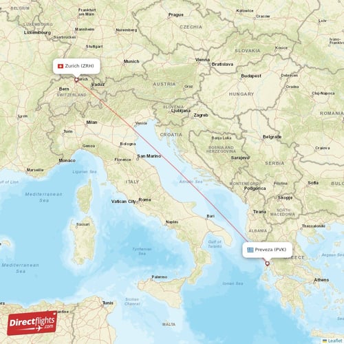 Preveza - Zurich direct flight map