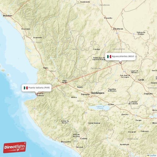 Puerto Vallarta - Aguascalientes direct flight map
