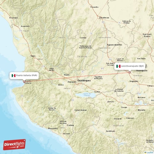 Puerto Vallarta - Leon/Guanajuato direct flight map
