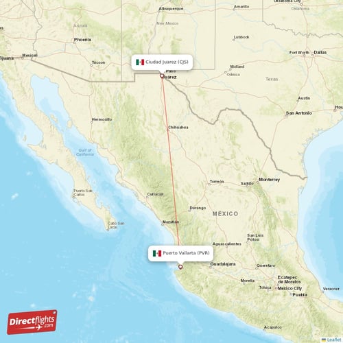 Puerto Vallarta - Ciudad Juarez direct flight map