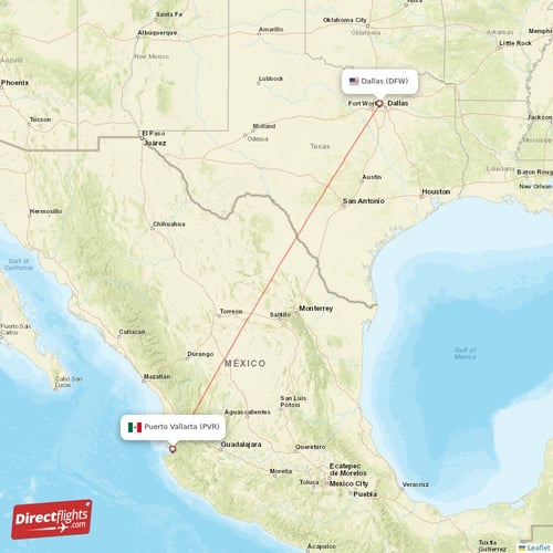 Puerto Vallarta - Dallas direct flight map