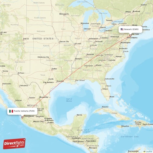 Puerto Vallarta - New York direct flight map