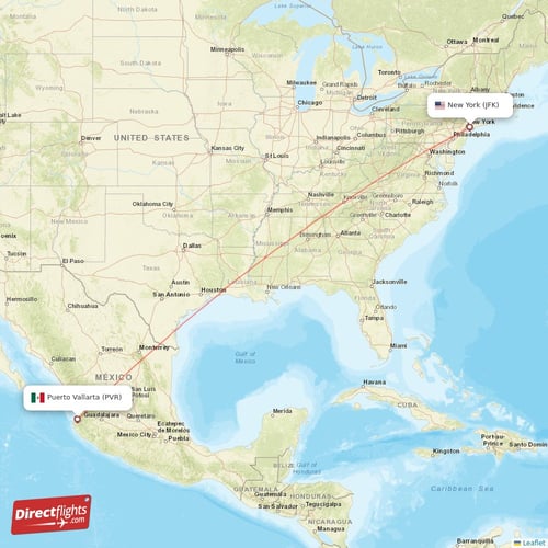 Puerto Vallarta - New York direct flight map