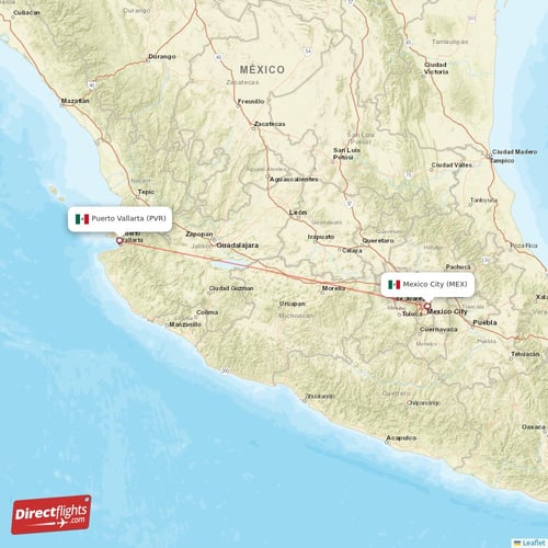 Puerto Vallarta - Mexico City direct flight map