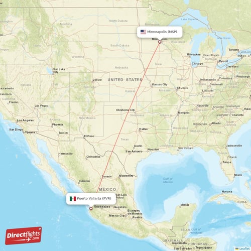 Puerto Vallarta - Minneapolis direct flight map