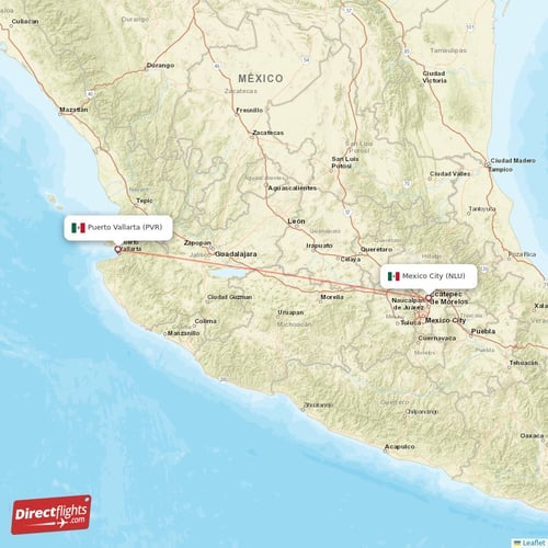 Puerto Vallarta - Mexico City direct flight map