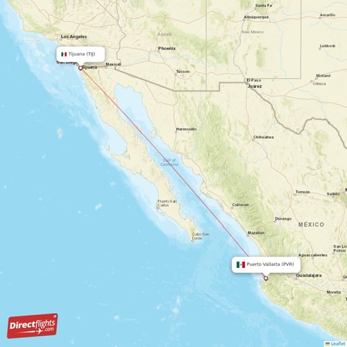 Puerto Vallarta - Tijuana direct flight map