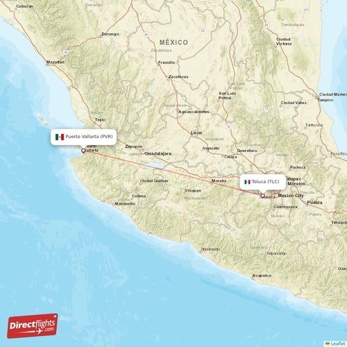 Puerto Vallarta - Toluca direct flight map