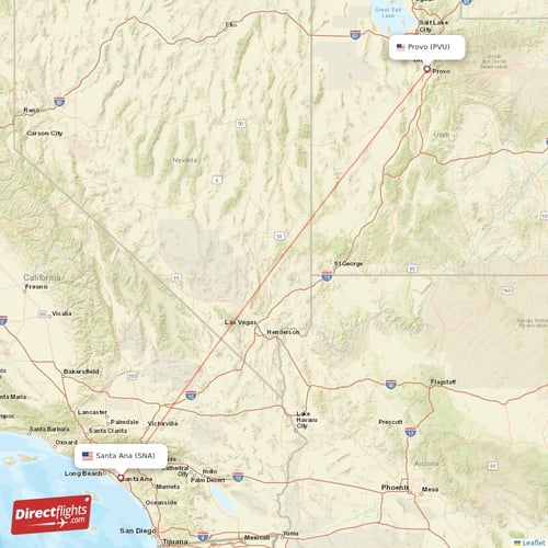 Provo - Santa Ana direct flight map