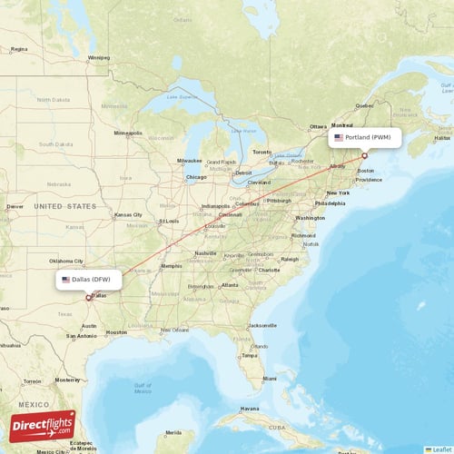 Portland - Dallas direct flight map
