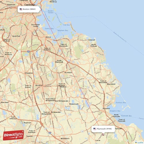Plymouth - Boston direct flight map