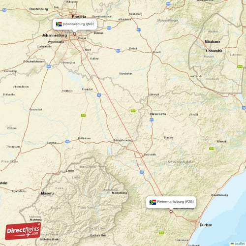 Pietermaritzburg - Johannesburg direct flight map