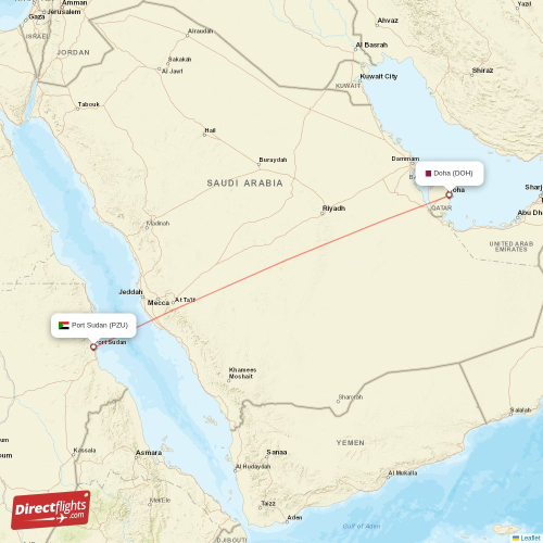 Port Sudan - Doha direct flight map