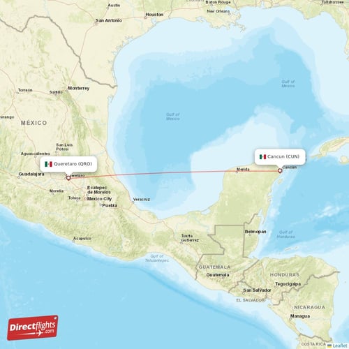 Queretaro - Cancun direct flight map