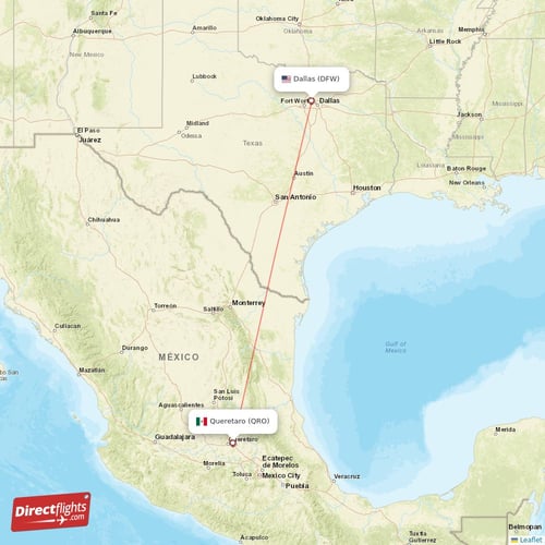 Queretaro - Dallas direct flight map