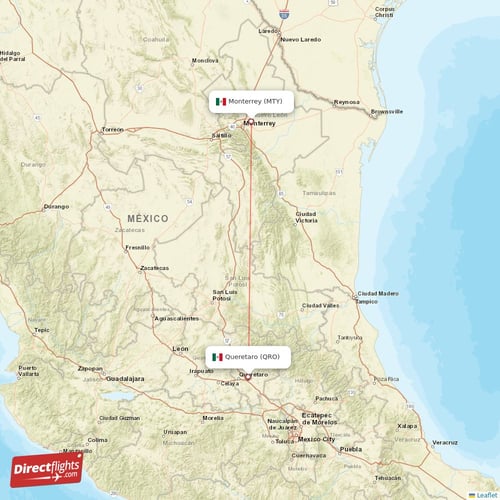 Queretaro - Monterrey direct flight map