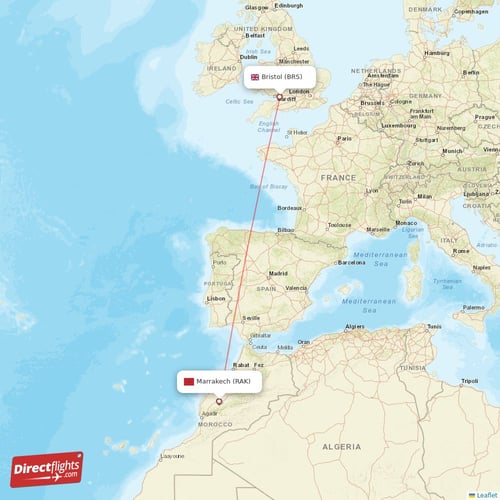 Marrakech - Bristol direct flight map