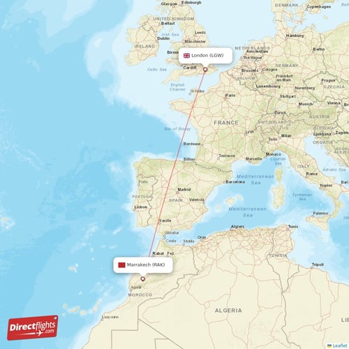 Marrakech - London direct flight map