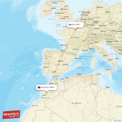 Marrakech - Paris direct flight map