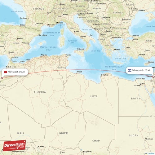 Marrakech - Tel Aviv-Yafo direct flight map