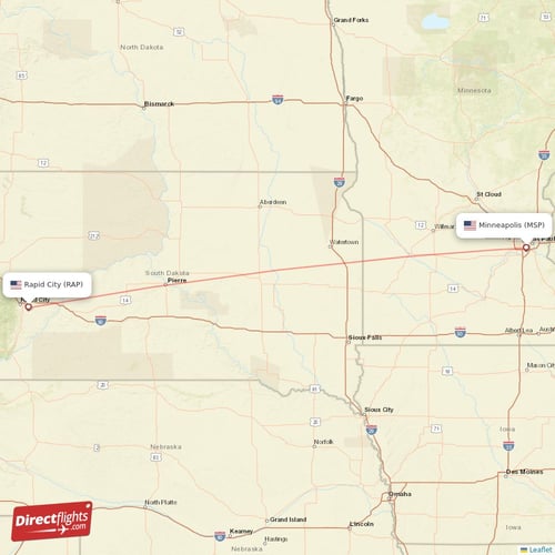 Rapid City - Minneapolis direct flight map