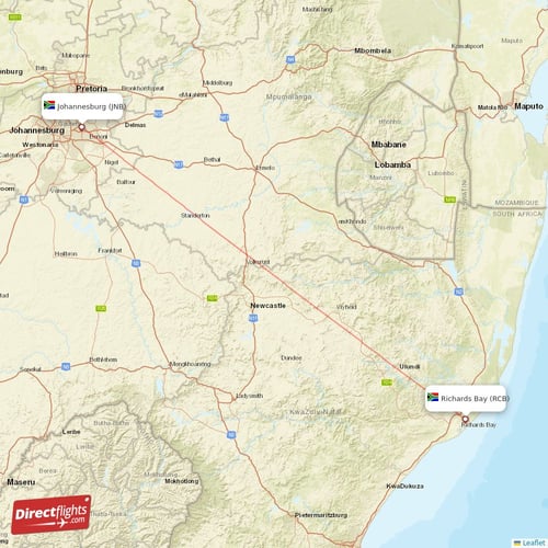 Richards Bay - Johannesburg direct flight map