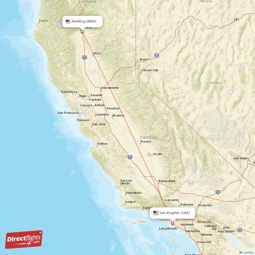 Redding - Los Angeles direct flight map
