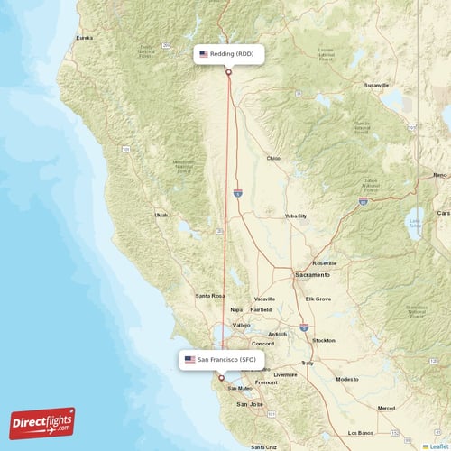 Redding - San Francisco direct flight map