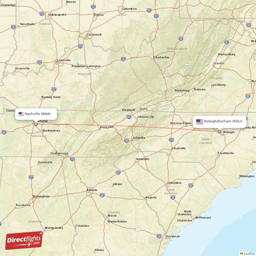 Raleigh/Durham - Nashville direct flight map