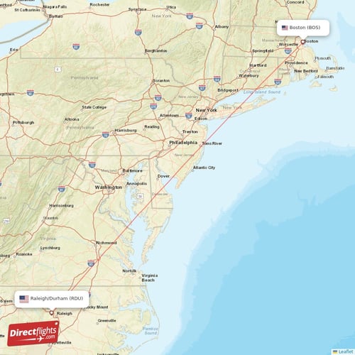 Raleigh/Durham - Boston direct flight map