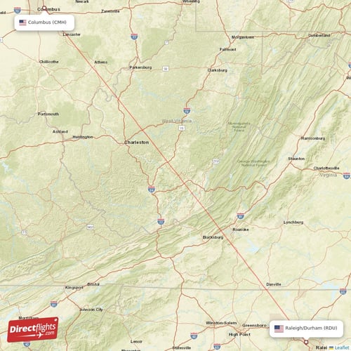 Raleigh/Durham - Columbus direct flight map