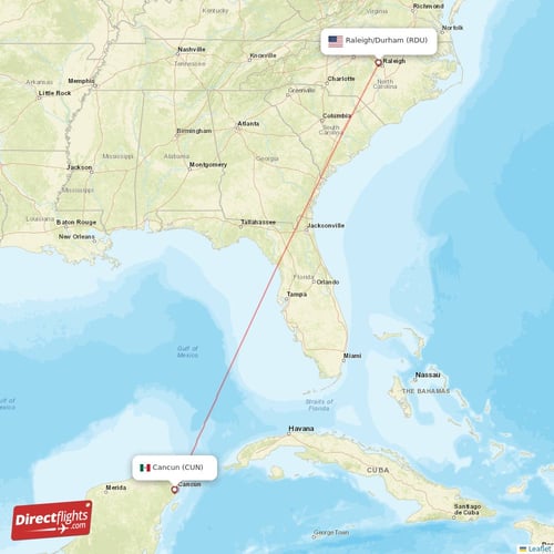 Raleigh/Durham - Cancun direct flight map
