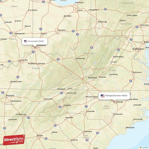Raleigh/Durham - Cincinnati direct flight map