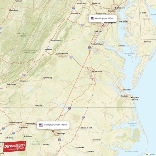 Raleigh/Durham - Washington direct flight map