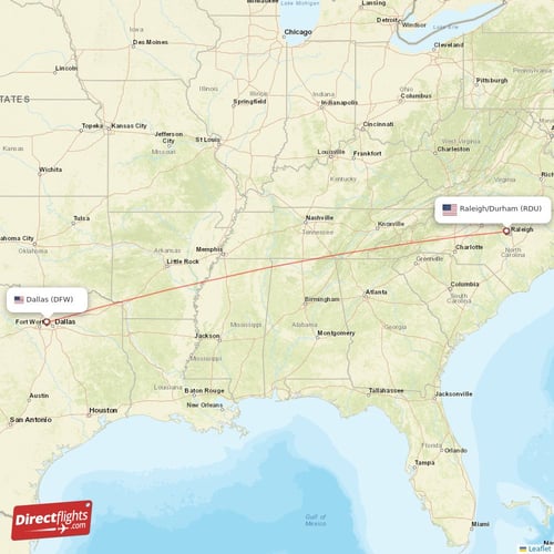 Raleigh/Durham - Dallas direct flight map