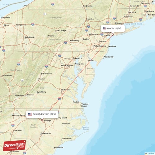 Raleigh/Durham - New York direct flight map