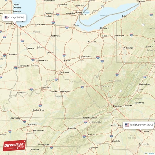 Raleigh/Durham - Chicago direct flight map