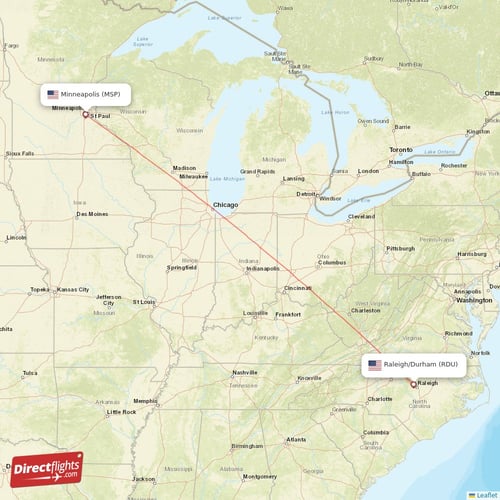 Raleigh/Durham - Minneapolis direct flight map